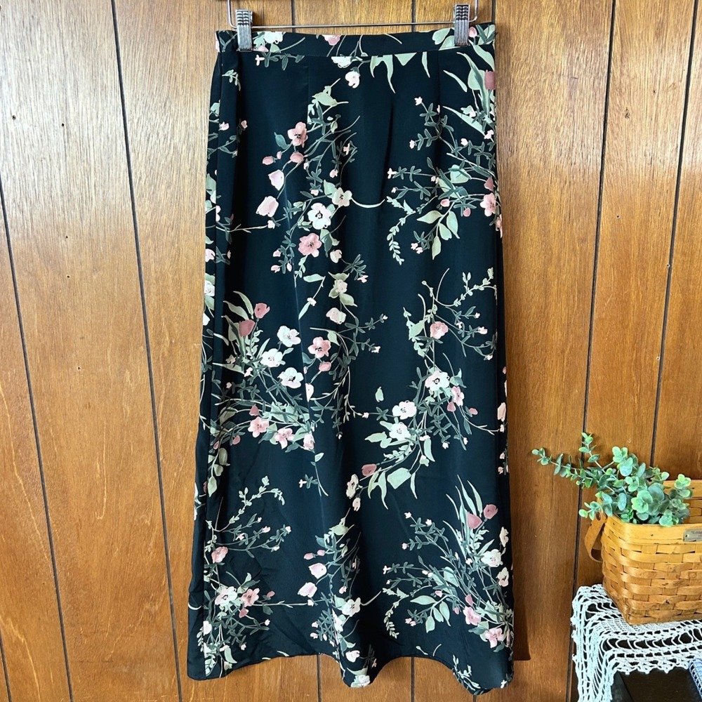 Vintage Floral Maxi Skirt Black Pink‎ Green Bohemian Style Size M